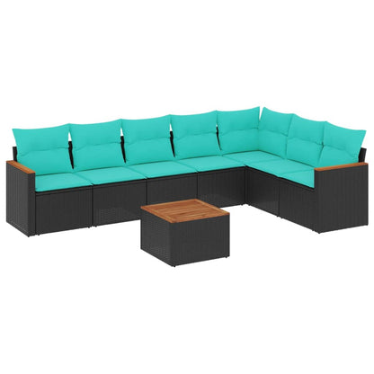 8-teiliges Gartensofa-Set mit Kissen, schwarzes Polyrattan