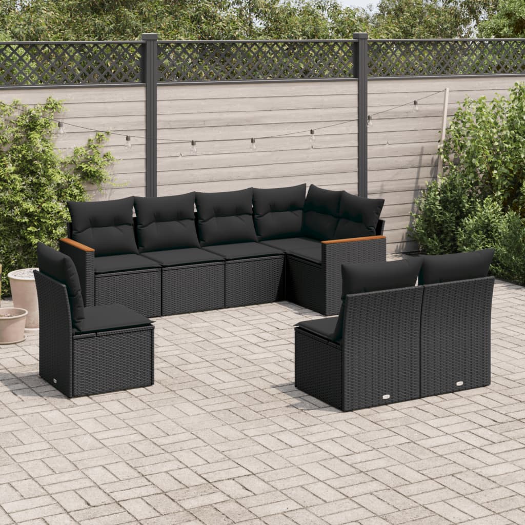 8-tlg. Garten-Sofagarnitur mit Kissen Schwarz Poly Rattan