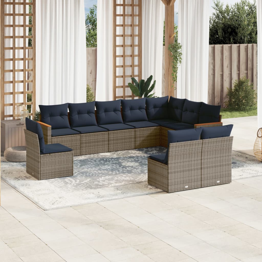 10-teiliges Gartensofa-Set mit Kissen, grau, Polyrattan