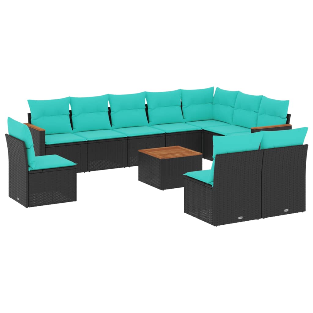 11-teiliges Gartensofa-Set mit Kissen, schwarzes Polyrattan