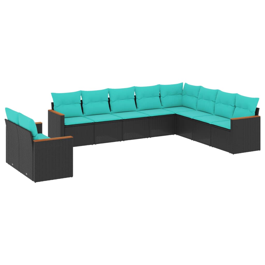 10-teiliges Gartensofa-Set mit Kissen, schwarzes Polyrattan
