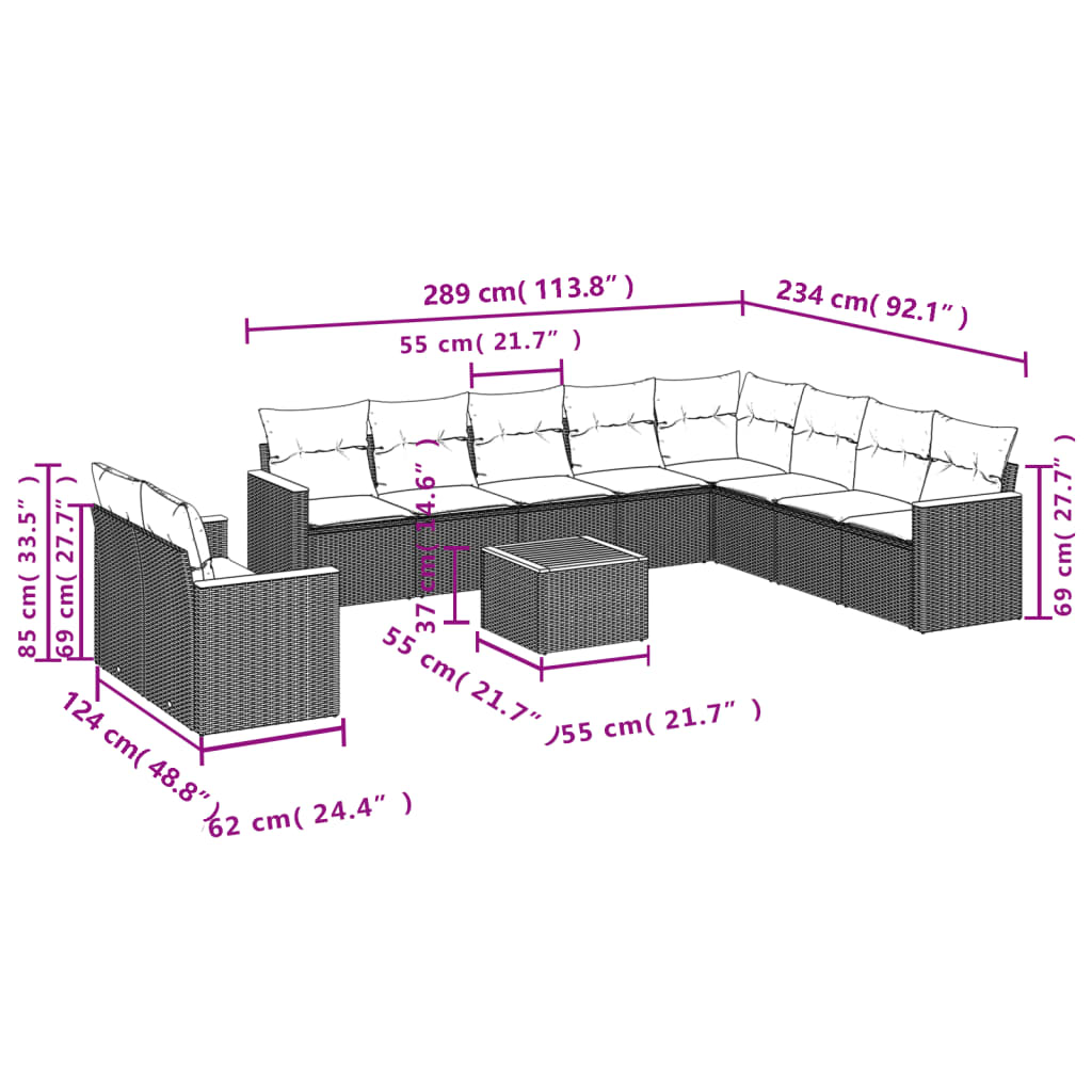 11-teiliges Gartensofa-Set mit Kissen, schwarzes Polyrattan