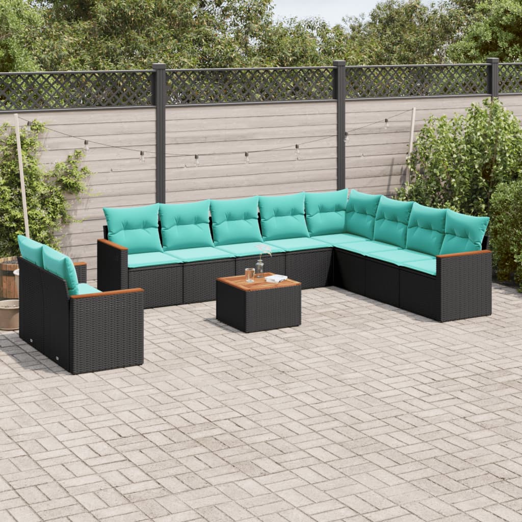 11-teiliges Gartensofa-Set mit Kissen, schwarzes Polyrattan