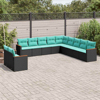 11-teiliges Gartensofa-Set mit Kissen, schwarzes Polyrattan
