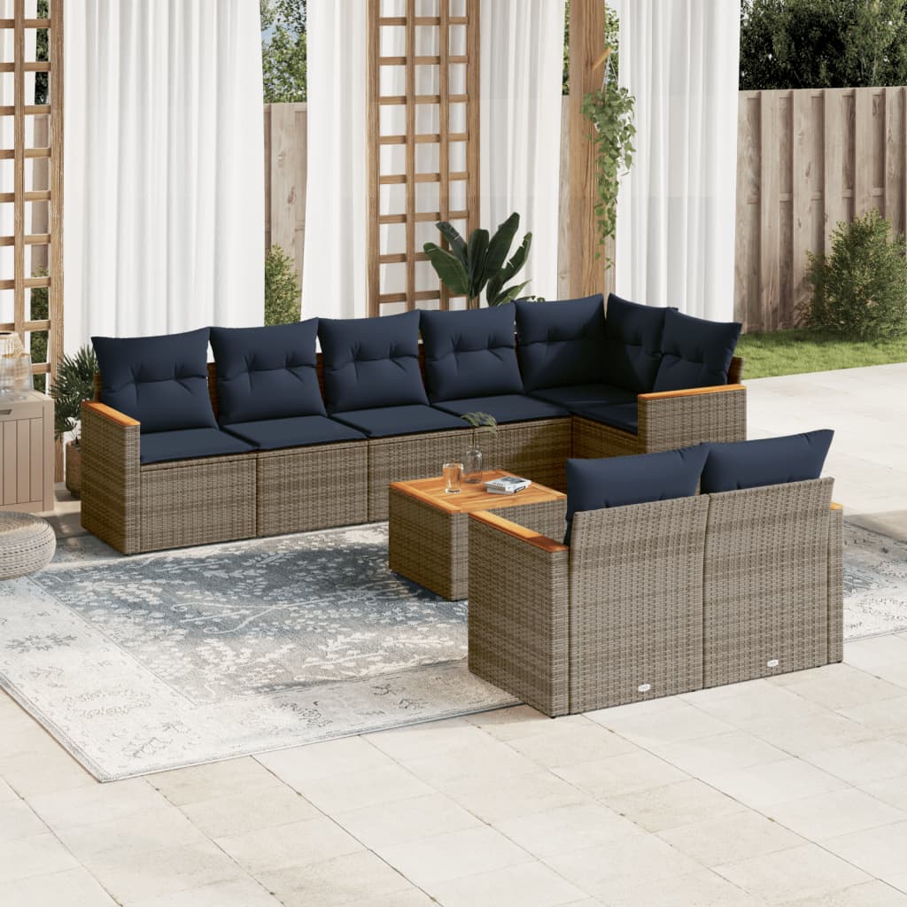9-teiliges Gartensofa-Set mit Kissen, grau, Polyrattan