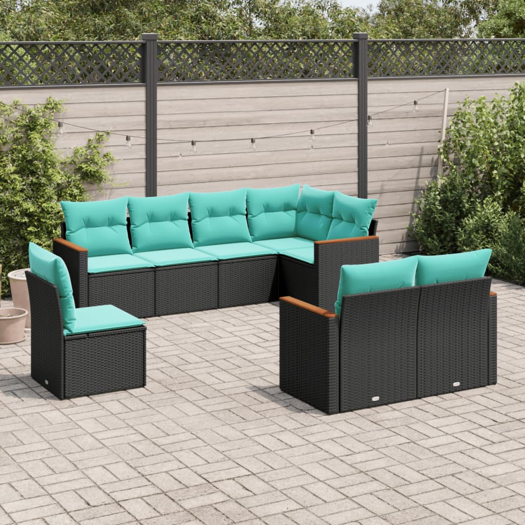 8-teiliges Gartensofa-Set mit Kissen, schwarzes Polyrattan