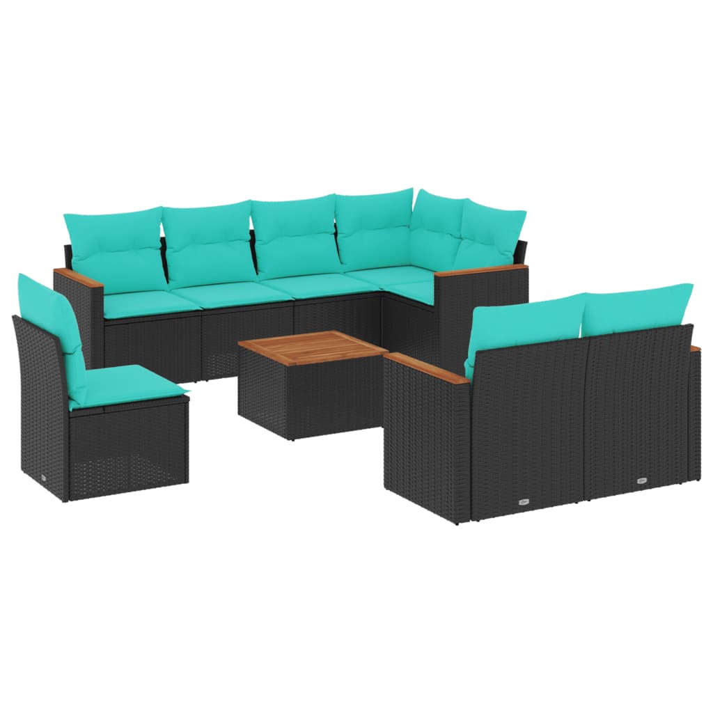 9-teiliges Gartensofa-Set mit Kissen, schwarzes Polyrattan