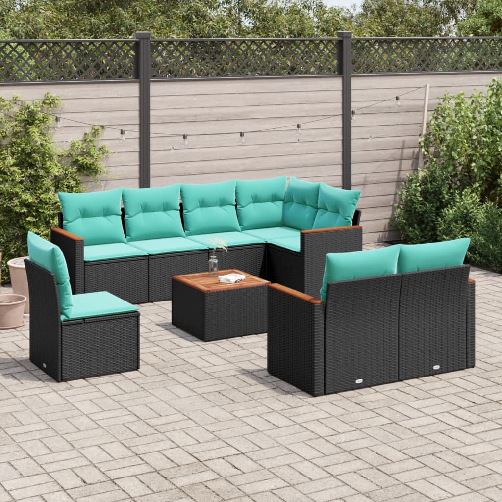 9-teiliges Gartensofa-Set mit Kissen, schwarzes Polyrattan