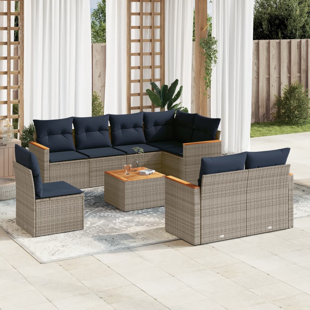 9-teiliges Gartensofa-Set mit Kissen, grau, Polyrattan