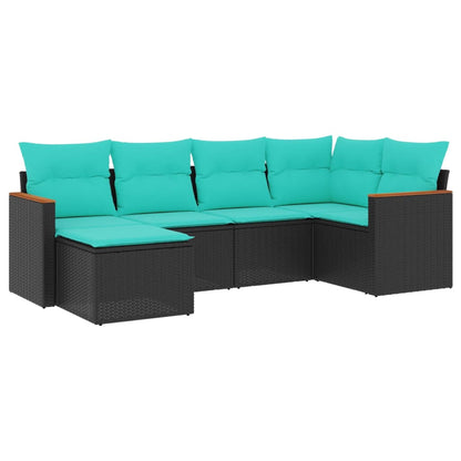 6-teiliges Gartensofa-Set mit Kissen, schwarzes Polyrattan