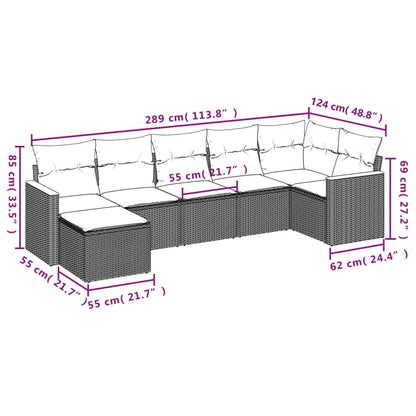 7-teiliges Gartensofa-Set mit Kissen, schwarzes Polyrattan