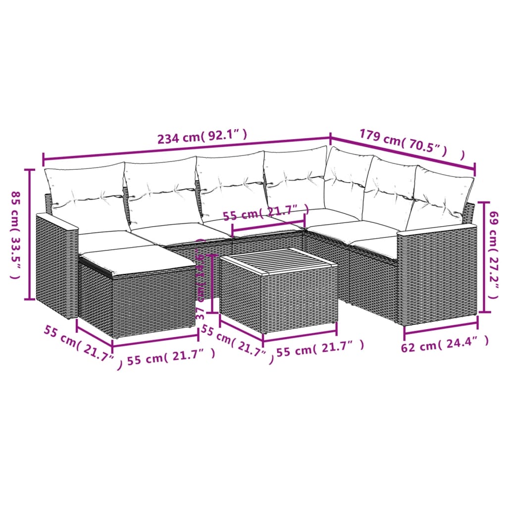 8-teiliges Gartensofa-Set mit Kissen, schwarzes Polyrattan