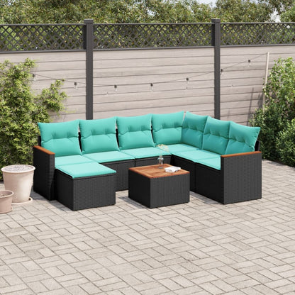8-teiliges Gartensofa-Set mit Kissen, schwarzes Polyrattan