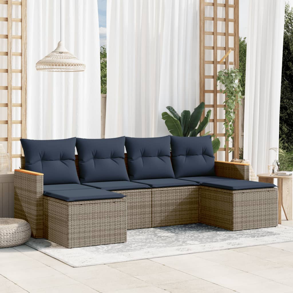 6-teiliges Gartensofa-Set mit Kissen, grau, Polyrattan