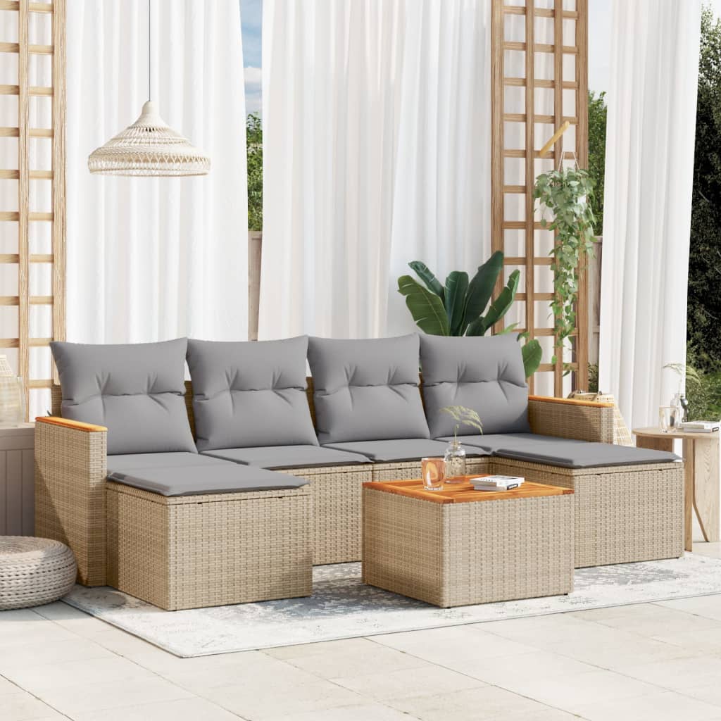 7-tlg. Garten-Sofagarnitur mit Kissen Beige Poly Rattan