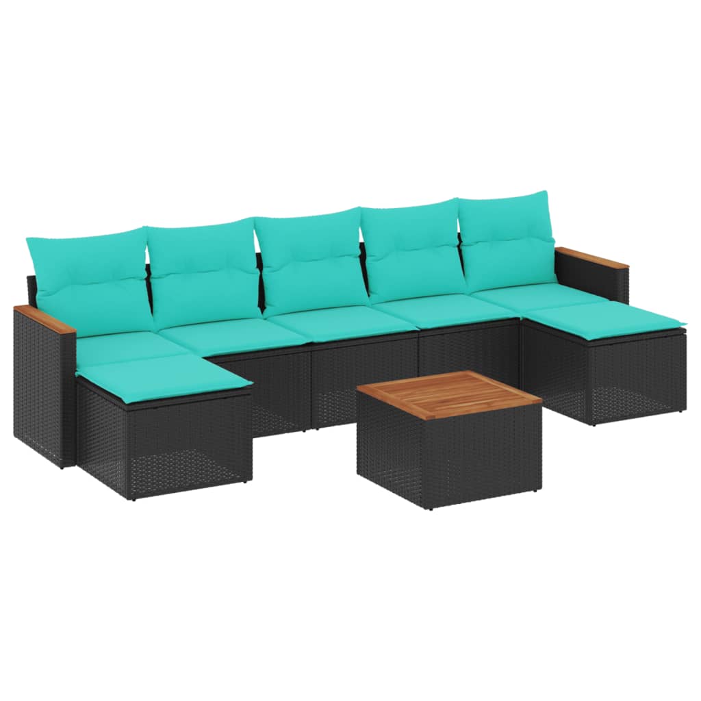 8-teiliges Gartensofa-Set mit Kissen, schwarzes Polyrattan