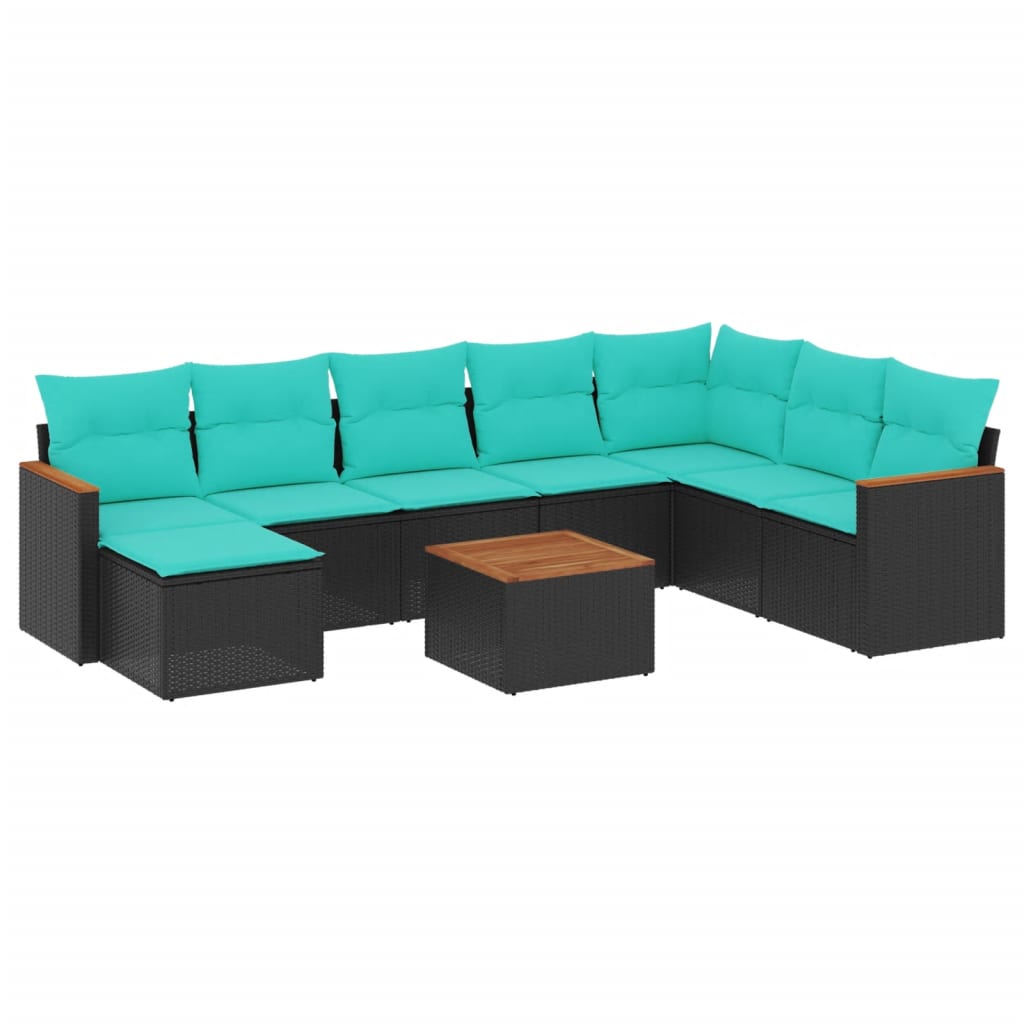 9-teiliges Gartensofa-Set mit Kissen, schwarzes Polyrattan