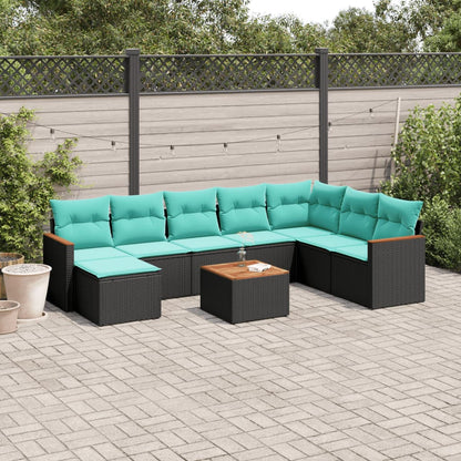 9-teiliges Gartensofa-Set mit Kissen, schwarzes Polyrattan