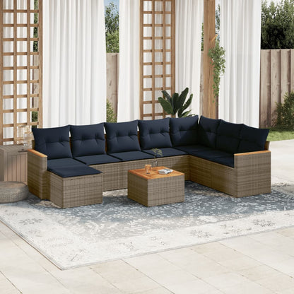 9-teiliges Gartensofa-Set mit Kissen, grau, Polyrattan