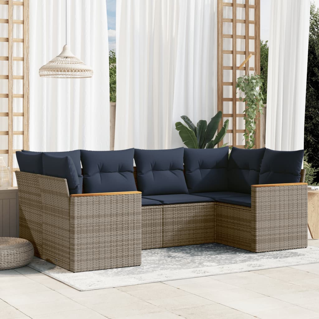 6-teiliges Gartensofa-Set mit Kissen, grau, Polyrattan