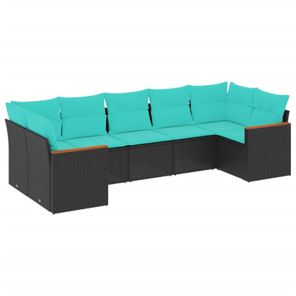 7-teiliges Gartensofa-Set mit Kissen, schwarzes Polyrattan