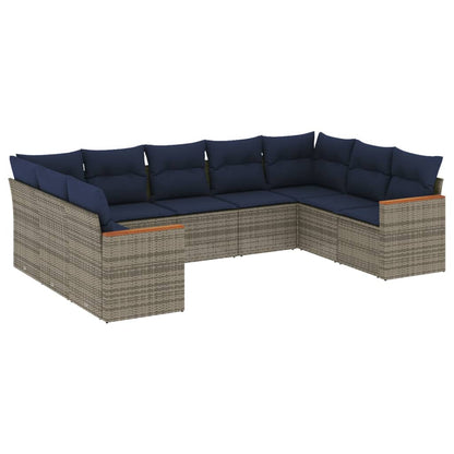 9-teiliges Gartensofa-Set mit Kissen, grau, Polyrattan