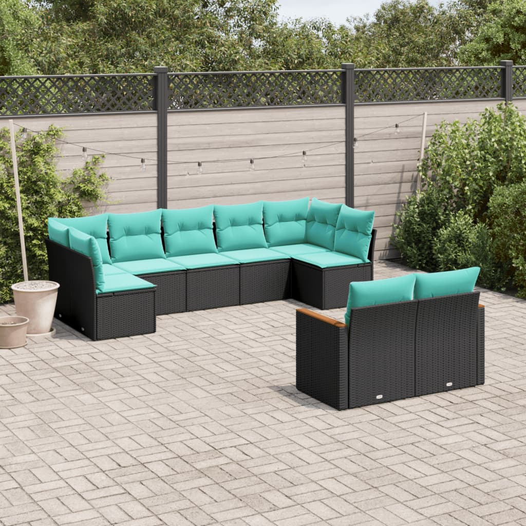 9-teiliges Gartensofa-Set mit Kissen, schwarzes Polyrattan