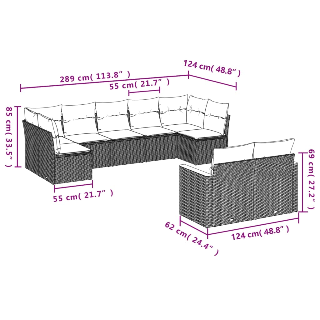 9-teiliges Gartensofa-Set mit Kissen, grau, Polyrattan