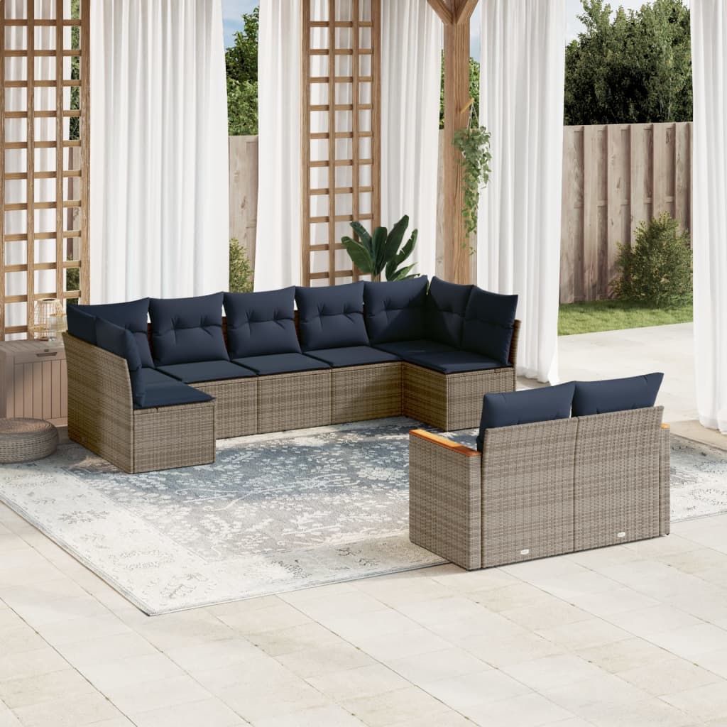 9-teiliges Gartensofa-Set mit Kissen, grau, Polyrattan