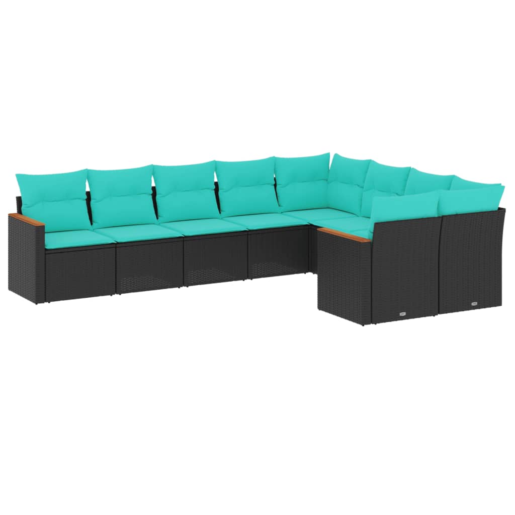 9-teiliges Gartensofa-Set mit Kissen, schwarzes Polyrattan