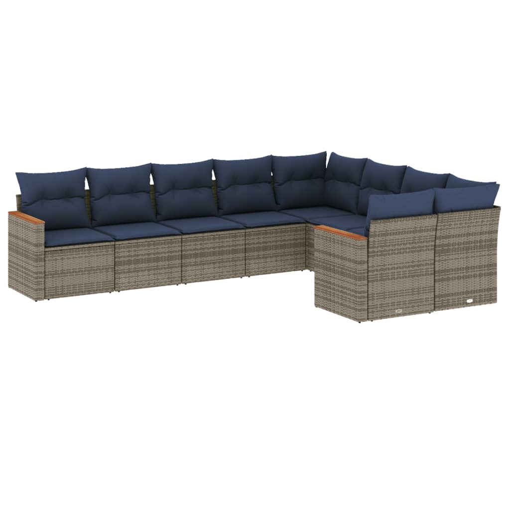 9-teiliges Gartensofa-Set mit Kissen, grau, Polyrattan