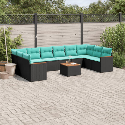 11-teiliges Gartensofa-Set mit Kissen, schwarzes Polyrattan
