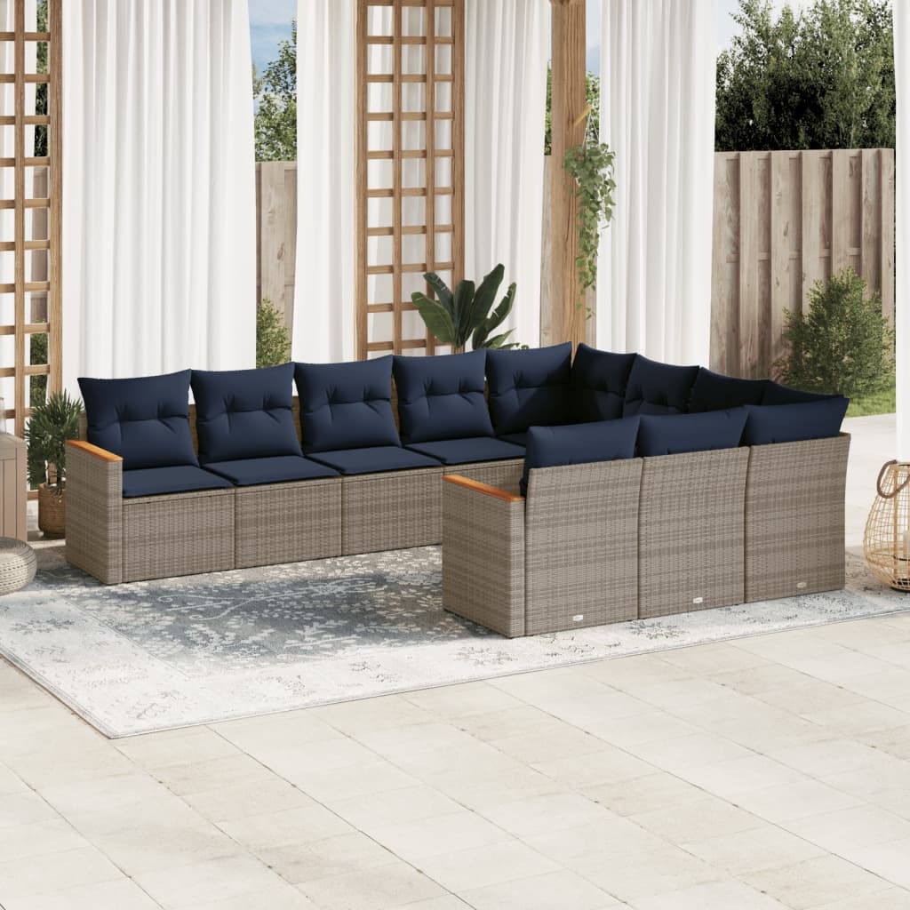10-teiliges Gartensofa-Set mit Kissen, grau, Polyrattan