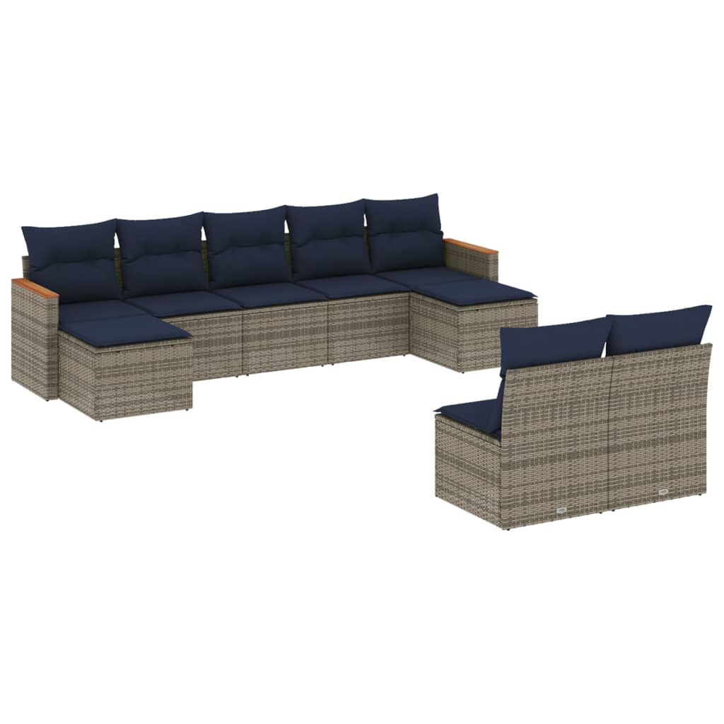9-teiliges Gartensofa-Set mit Kissen, grau, Polyrattan