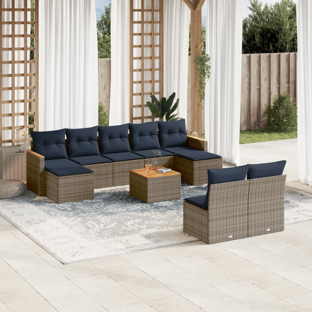 10-teiliges Gartensofa-Set mit Kissen, grau, Polyrattan