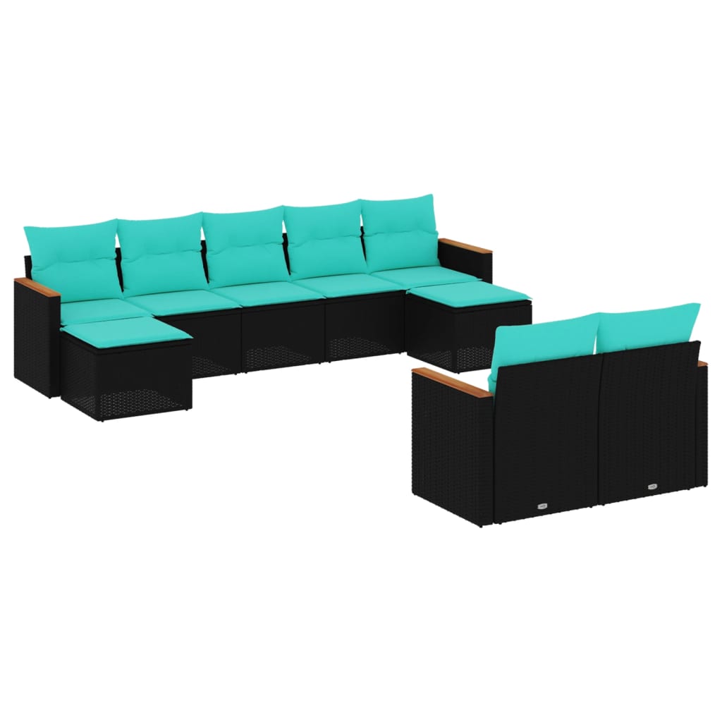 9-teiliges Gartensofa-Set mit Kissen, schwarzes Polyrattan