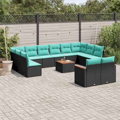 13-teiliges Gartensofa-Set mit Kissen, schwarzes Polyrattan