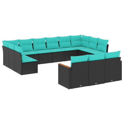 13-teiliges Gartensofa-Set mit Kissen, schwarzes Polyrattan