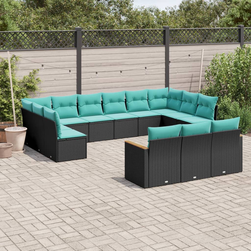 13-teiliges Gartensofa-Set mit Kissen, schwarzes Polyrattan
