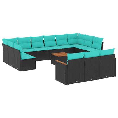 14-teiliges Gartensofa-Set mit Kissen, schwarzes Polyrattan