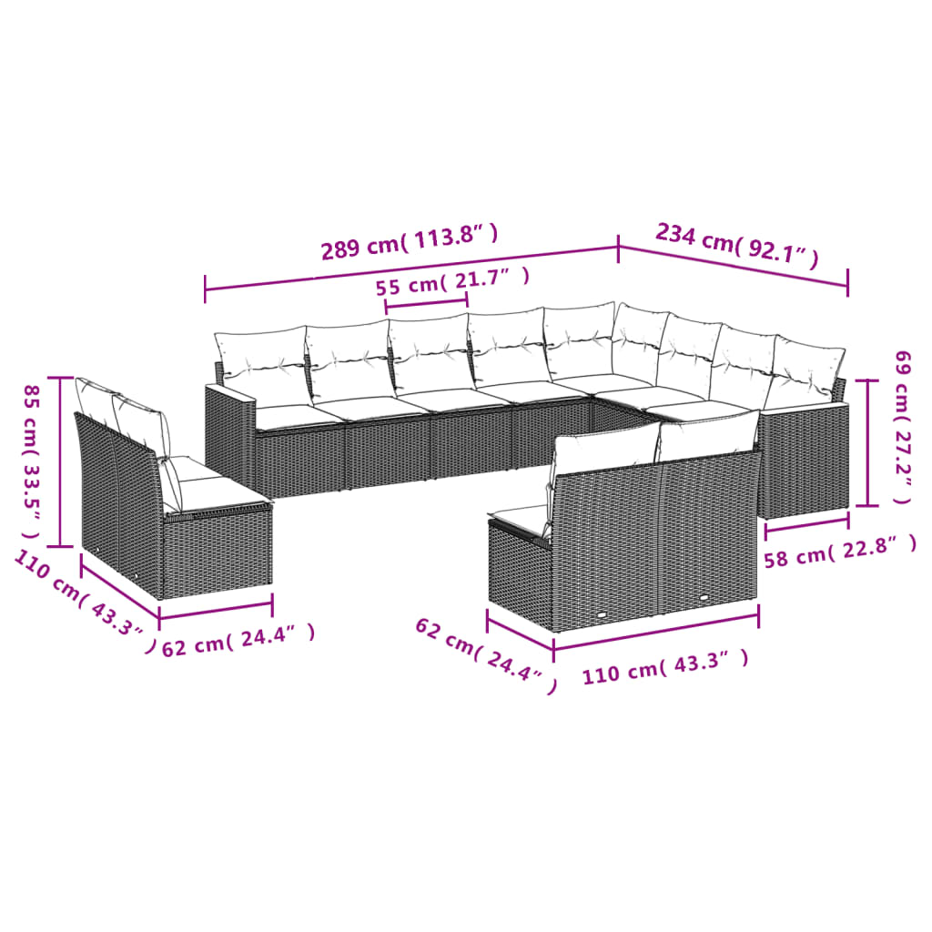 12-teiliges Gartensofa-Set mit Kissen, grau, Polyrattan