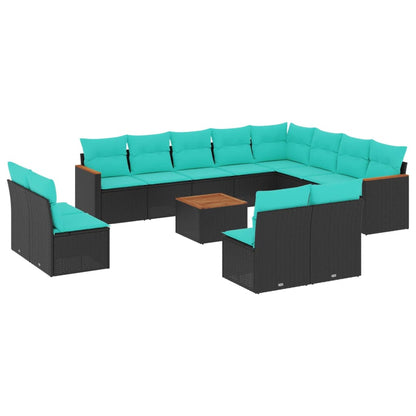 13-teiliges Gartensofa-Set mit Kissen, schwarzes Polyrattan