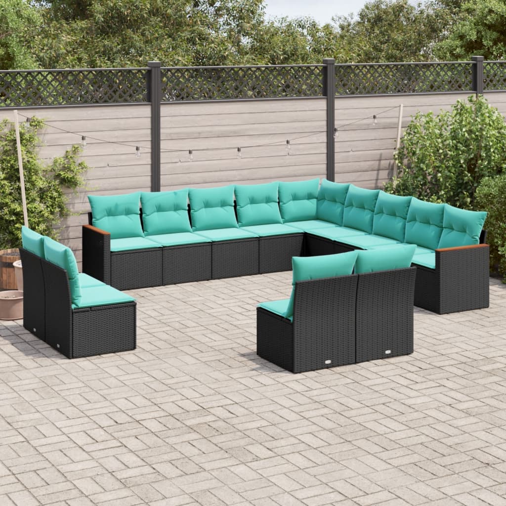 13-teiliges Gartensofa-Set mit Kissen, schwarzes Polyrattan
