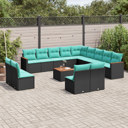 14-teiliges Gartensofa-Set mit Kissen, schwarzes Polyrattan