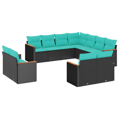 11-teiliges Gartensofa-Set mit Kissen, schwarzes Polyrattan