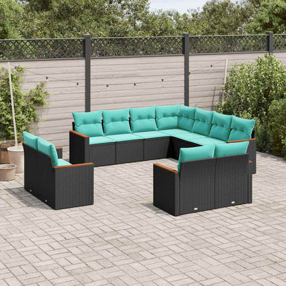 11-teiliges Gartensofa-Set mit Kissen, schwarzes Polyrattan