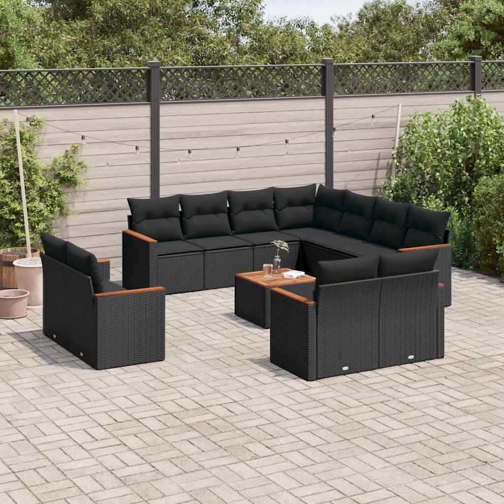 12-tlg. Garten-Sofagarnitur mit Kissen Schwarz Poly Rattan