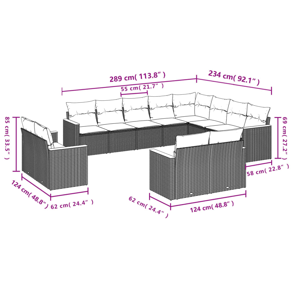 12-teiliges Gartensofa-Set mit Kissen, grau, Polyrattan