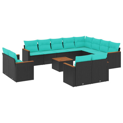 13-teiliges Gartensofa-Set mit Kissen, schwarzes Polyrattan