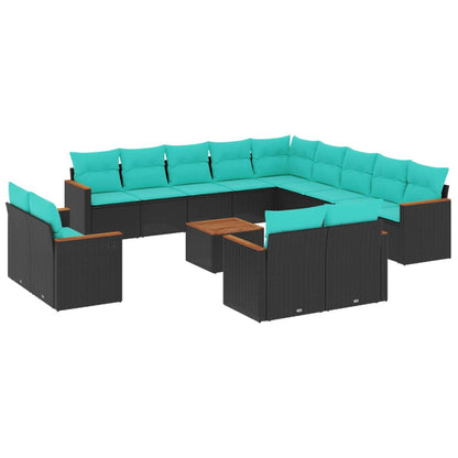 14-teiliges Gartensofa-Set mit Kissen, schwarzes Polyrattan
